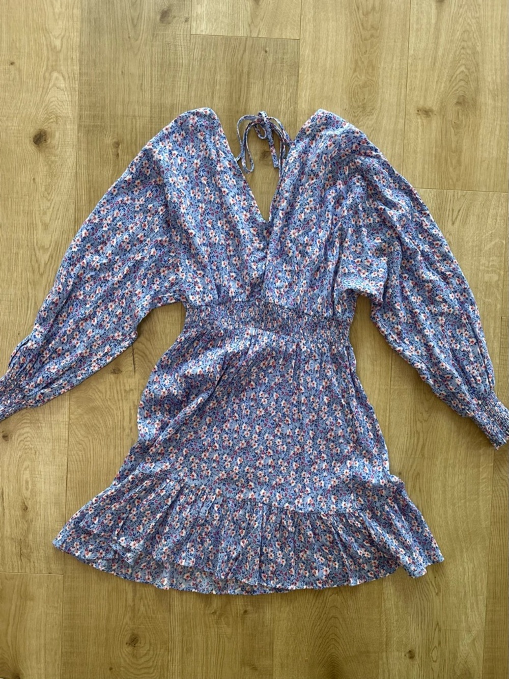 Blue Floral V-Neck Smocked Waist Mini Dress